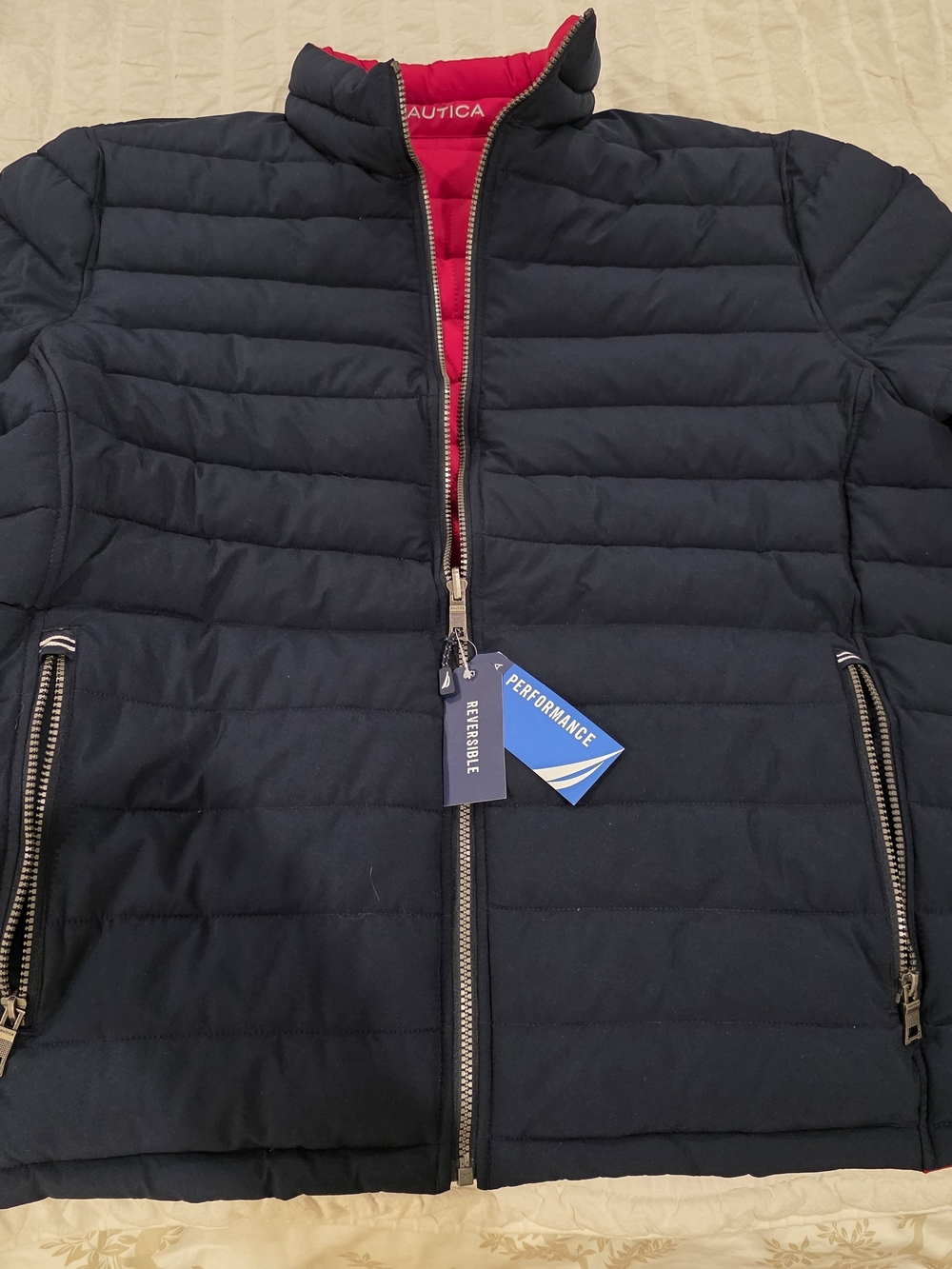 Nautica Reversible Puffer Jacket in Navy with Red Lining